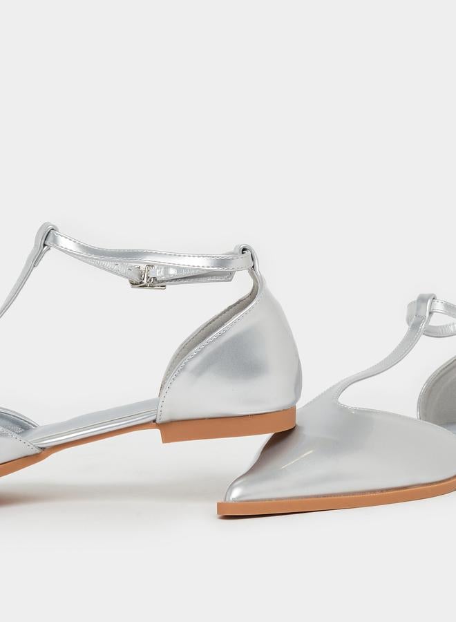 Styli Silver T-Strap Flats Shoes - Image 3